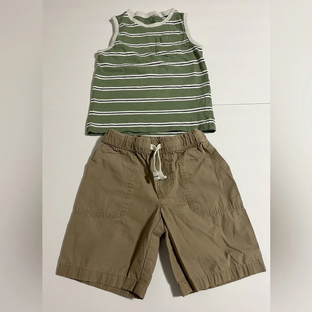 Carter’s Boys 2-Piece Outfit Set Size 5 Green Striped Tank Top & Khaki Shorts